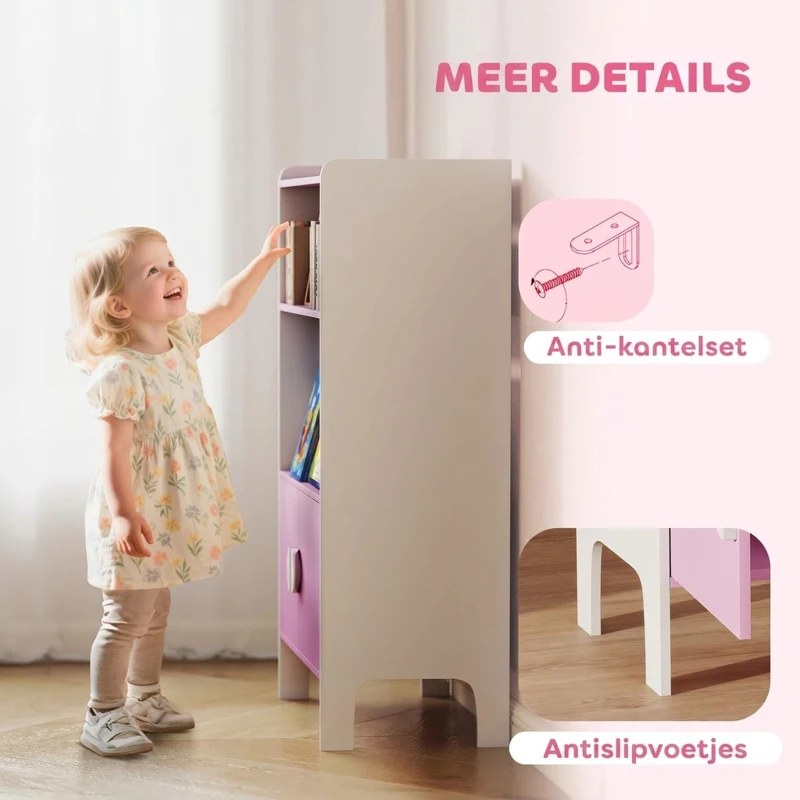 AIYAPLAY Boekenrek voor kinderen, 2 schappen, 2 kasten, vrijstaand, kantelbeveiliging, antislipvoetjes, MDF, Roze+Wit