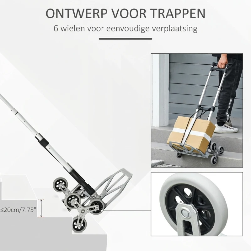 DURHAND Opvouwbare Steekwagen met 6 Wielen, inclusief Bevestigingsband, automatische Opvouwfunctie, Zilver + Zwart