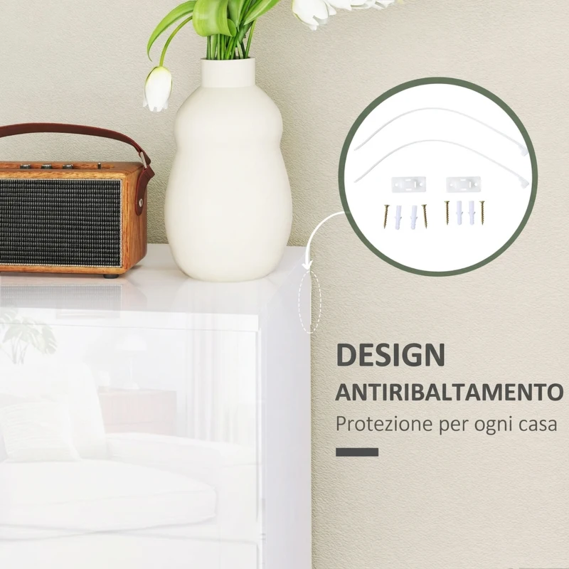 HOMCOM Cassettiera Moderna 5 Cassetti Antiribaltamento in Legno, 55x33x100 cm, Bianco Lucido