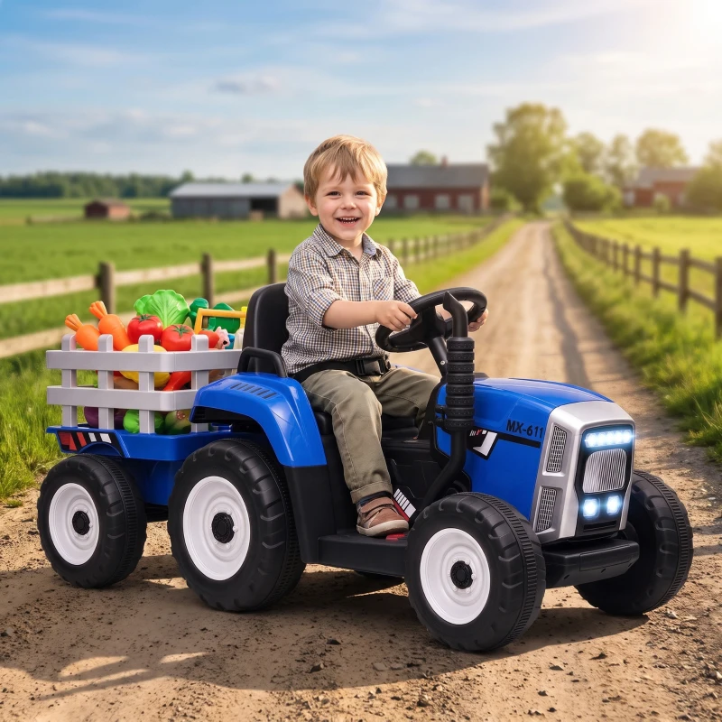 HOMCOM Elektrische Kinderauto met Aanhanger, Afstandsbediening, Lichteffecten, 3-6 km/u, voor 3-6 Jaar, Blauw(m-2)