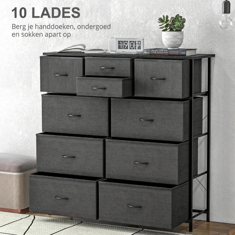 HOMCOM Dressoir, Sideboard met Stoffen Laden, 10 Vakken, Metalen Frame, 100x30x100cm, Zwart