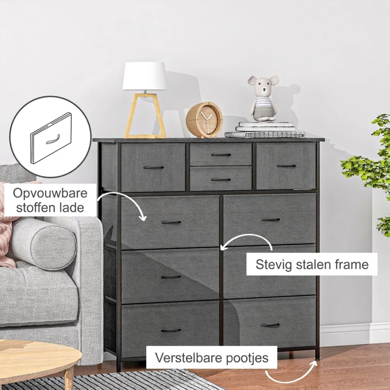HOMCOM Dressoir, Sideboard met Stoffen Laden, 10 Vakken, Metalen Frame, 100x30x100cm, Zwart