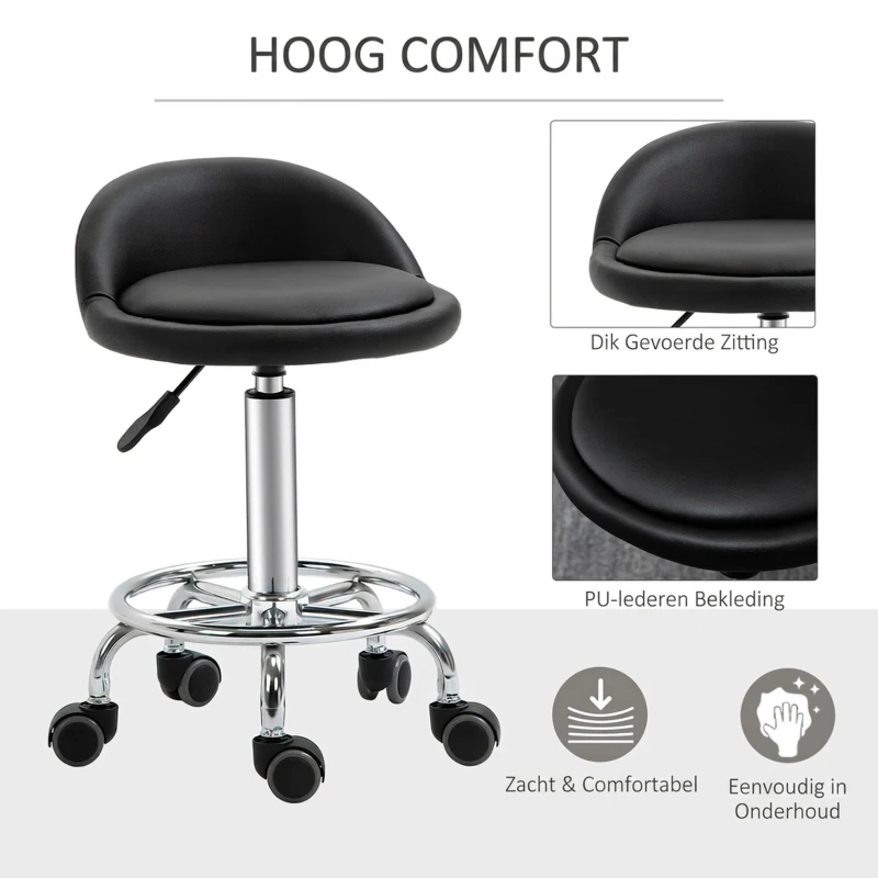 HOMCOM Verrijdbare kruk met rugleuning 57-72 cm hoogte verstelbaar draaikruk voor kantoor salon massage