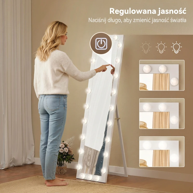 HOMCOM Pełnowymiarowe lustro 150x40 cm LED z 24 żarówkami, 3 kolory światła, stojące lub oparte, białe
