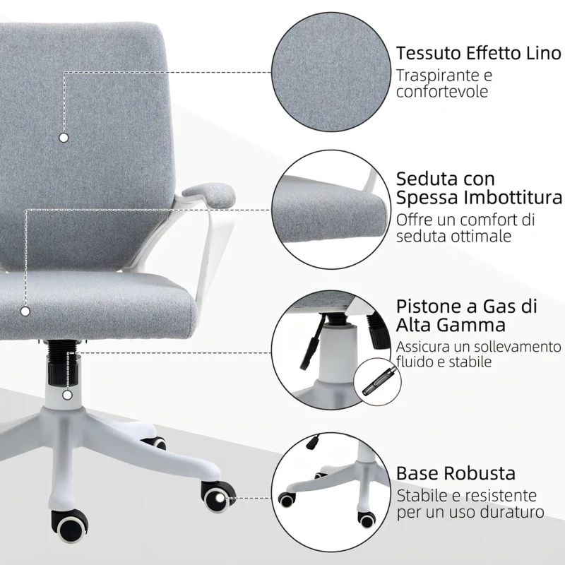 Vinsetto Sedia da Ufficio Ergonomica con Altezza Regolabile, Sedia Scrivania Imbottita Girevole 360° e Funzione Dondolo, in Tessuto effetto Lino Traspirante, per Studio, Grigio
