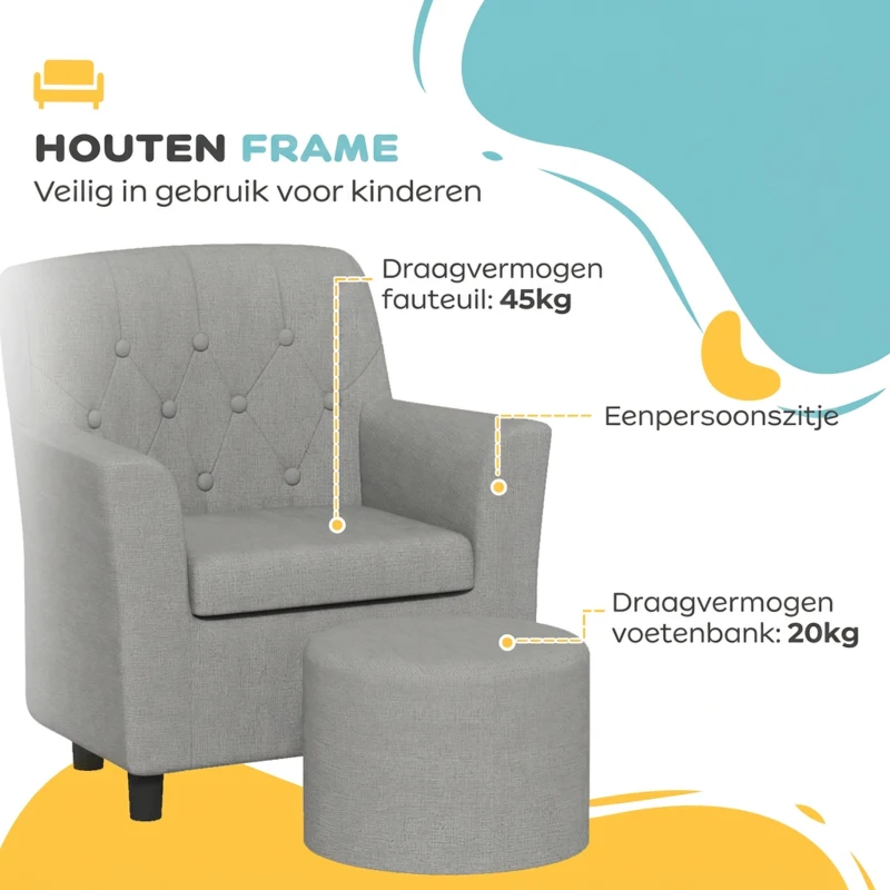 AIYAPLAY Kinderstoel met Poef, Rugleuning in Diamantpatroon, Zachte Zitplaats, Houten Frame, Grijs