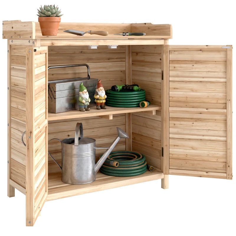 Outsunny Dulap Exterior cu 2 Rafturi din Lemn de Brad, Design Înălțat și 2 Uși, 83x40x92 cm