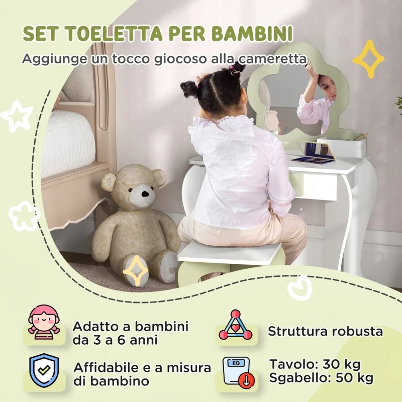 ZONEKIZ Set Toeletta per Bambina con Specchio Trucco e Sgabello Abbinato in Legno, Cassetto e Contenitori, Bianco