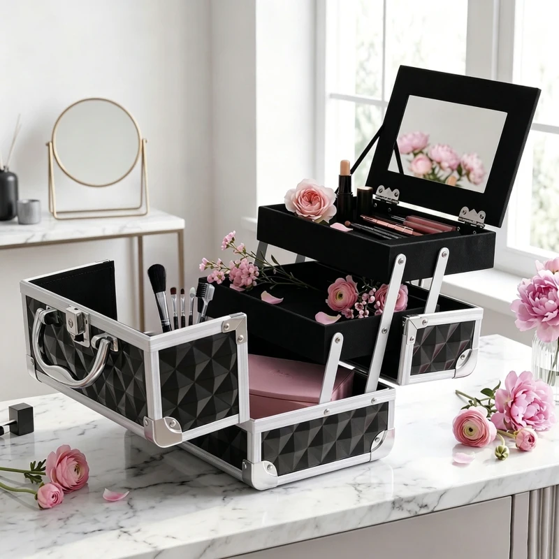 HOMCOM Estojo de Maquilhagem Organizador Cosméticos Profissional Portátil com Fecho e Vários Compartimentos 20x15x15 cm, Preto