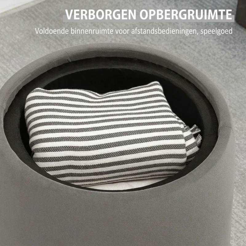 HOMCOM 2-in-1 Pouf in fluweellook met opbergruimte en afneembare deksel Φ44 cm x 47,5 cm Donkergrijs