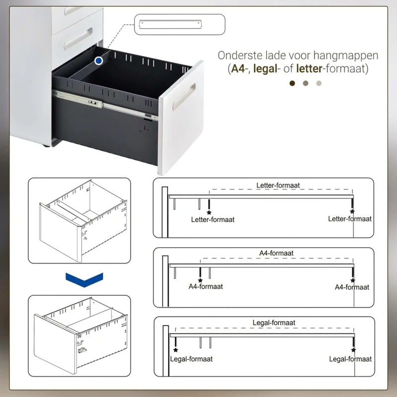 Vinsetto rolcontainer, archiefkast, kantoorcontainer met 3 lades, kantoorkast, opslag, container, staal, wit, 39 x 48 x 59 cm