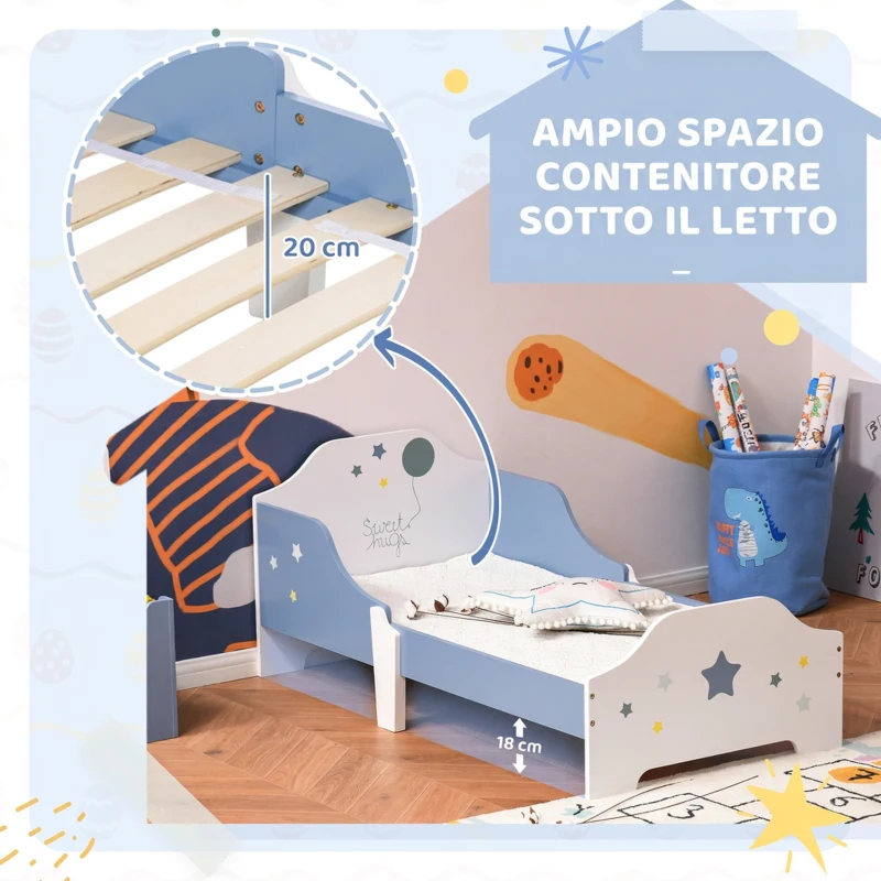HOMCOM Letto Basso per Bambini di +3 Anni con Sponde Blu e Bianco