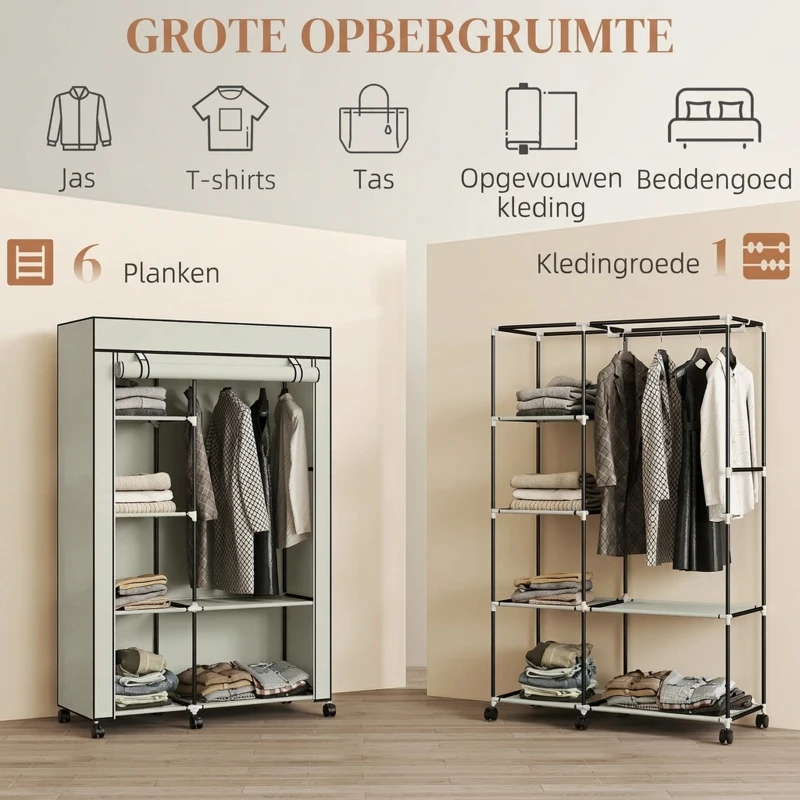 HOMCOM Stoffen kast, opbergoplossing, 6 planken, 1 kledingstang, crème