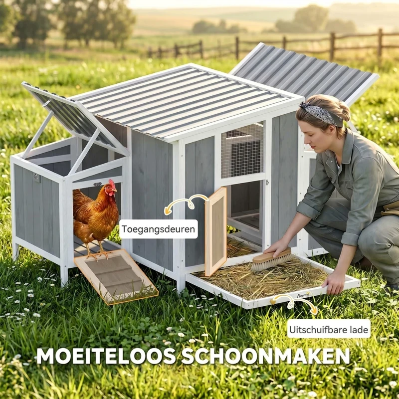 PawHut Kippenhok hout met afsluitbare deur legkast waterdicht PET-dak voor 3-4 kippen, 145x90x92 cm Grijs