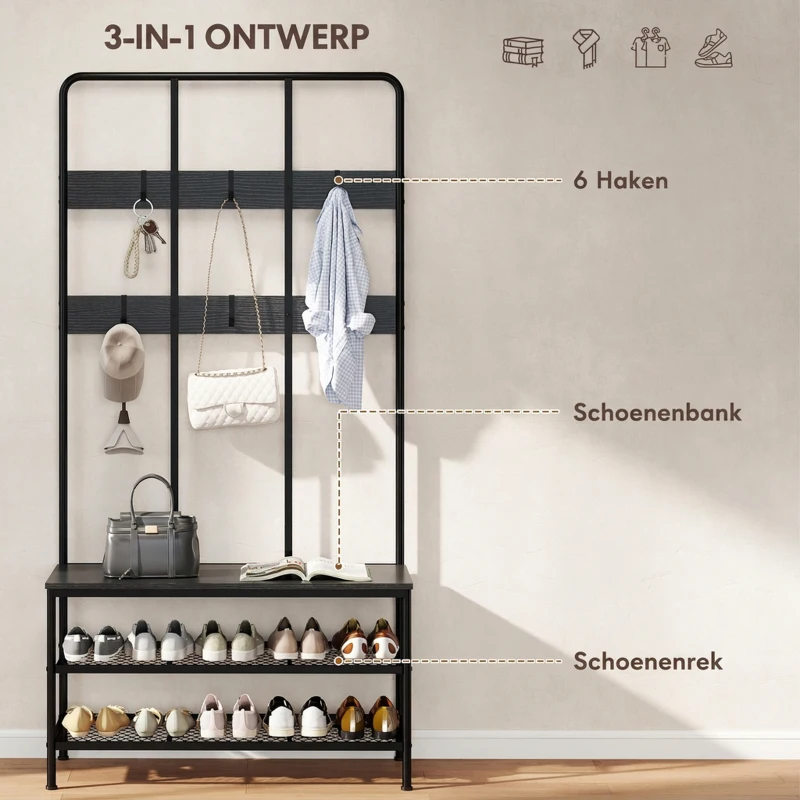 HOMCOM 3-in-1 kapstok met haken, bankje en schoenrek, metaal & spaanplaat, zwart