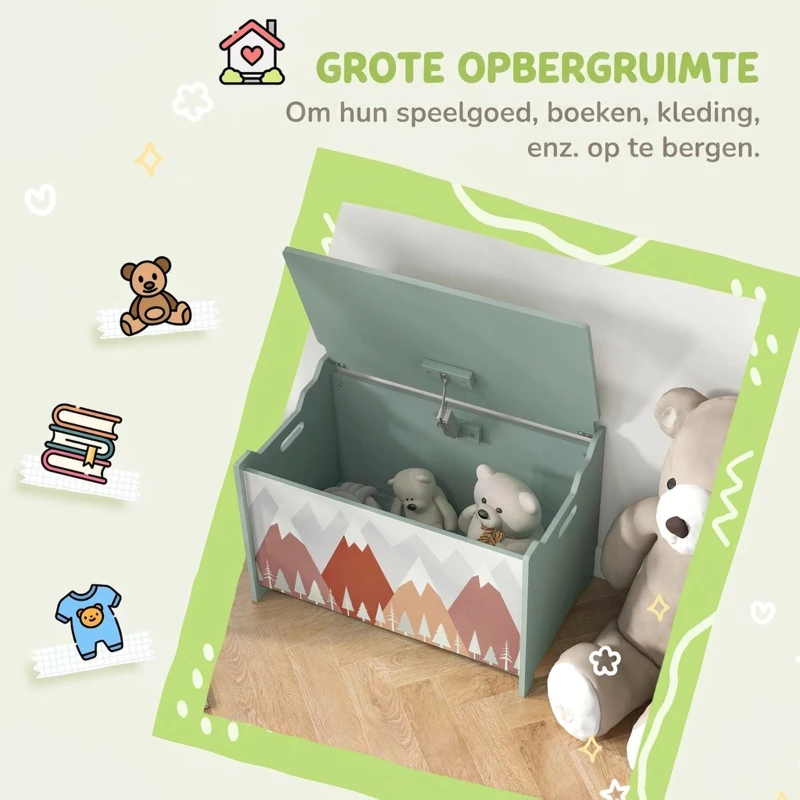 ZONEKIZ Opbergkist, speelgoedkist, klapdeksel, schattig motief, groen