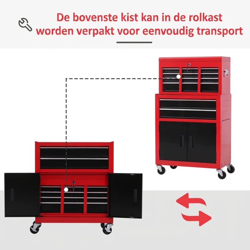 HOMCOM Gereedschapskast met Gereedschapskist, Op Wielen, 6 Laden, Metaal, Rood