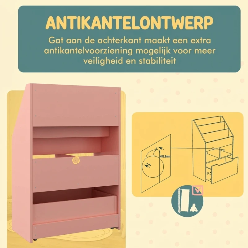 HOMCOM Kinderrek met Lade en Boekenrek met Vakken, 60 x 29,9 x 90 cm, Roze(m-5)