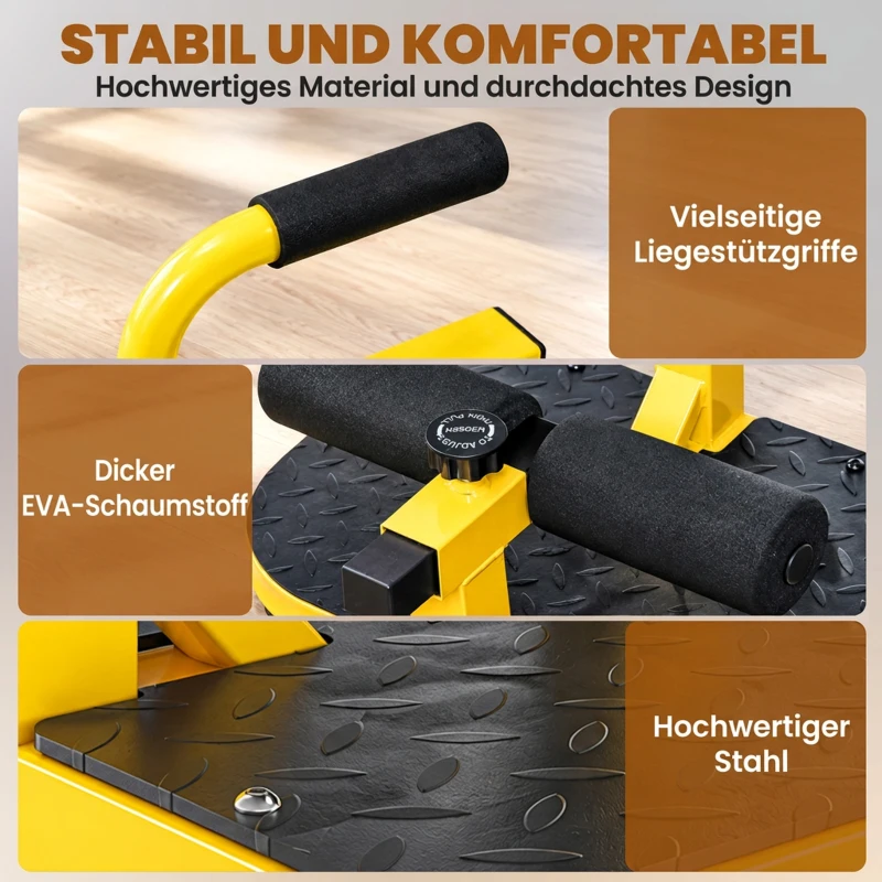 HOMCOM Sissy Squat Kniebeugentrainer Beintrainer Bauch-Gesäß-Trainer 3 in 1 Trainer verstellbar bis 120 kg Stahl Gelb+Schwarz 50 x 97 x (44,5–56,5) cm