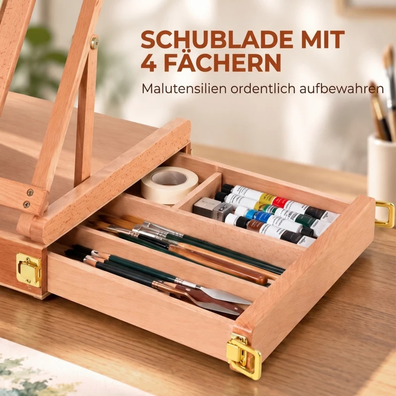 HOMCOM Tischstaffelei Winkelverstellbare Staffelei mit Griff Kofferstaffelei zum Malen & Zeichnen Faltbare Atelierstaffelei mit Schublade Buchenholz Natur