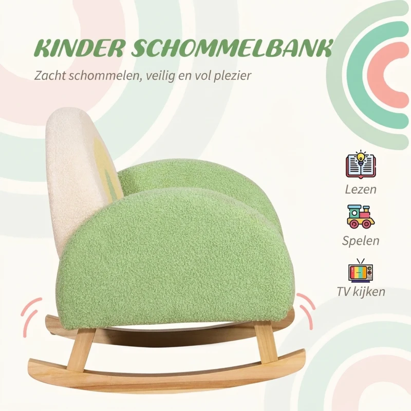 HOMCOM Schommelstoel voor Peuters in Schattig Ontwerp, Schapenwol-Imitatie, Eucalyptushout Groen + Geel Beige