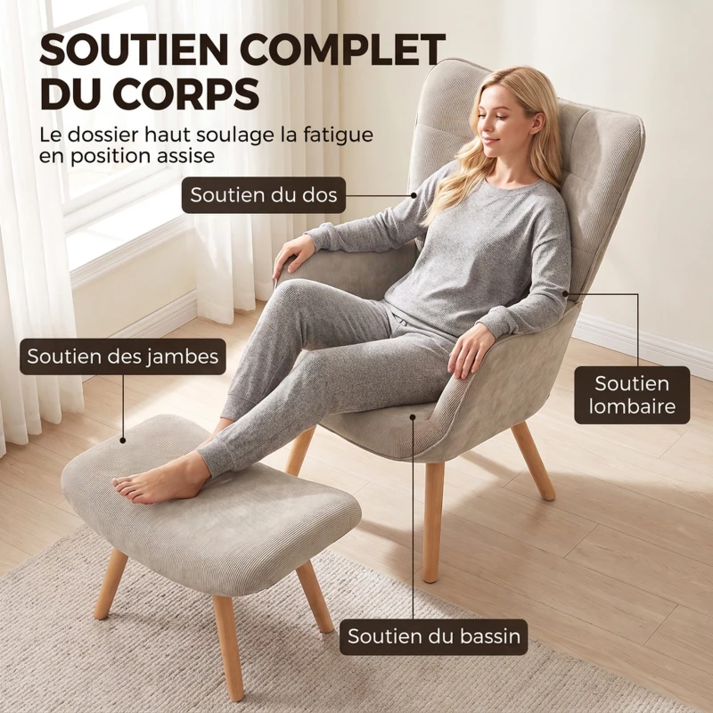 HOMCOM Fauteuil de Salon avec Repose-Pied, Fauteuil d'Appoint Capitonné en Velours Côtelé, Dossier Haut et Accoudoirs, Marron