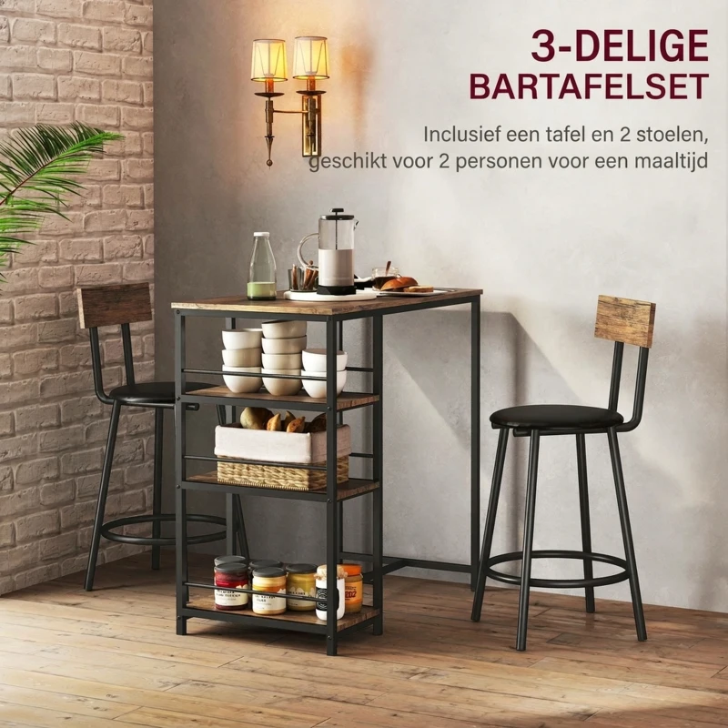 HOMCOM 3-delige eettafelset met bartafel en 2 stoelen, klein keukenset met zijplanken, MDF, metaal, zwart