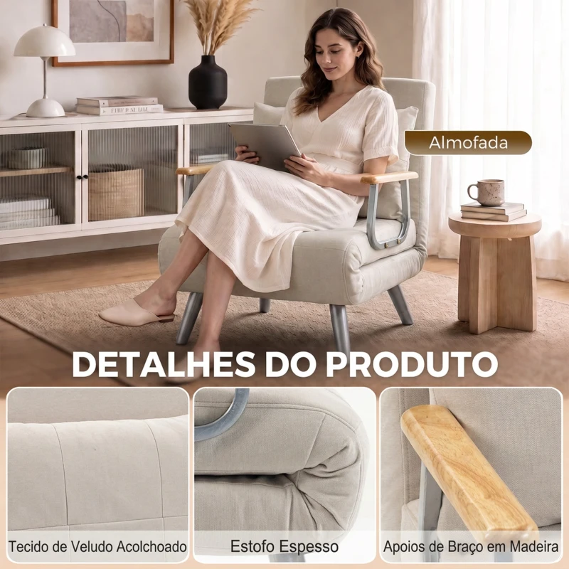 HOMCOM Poltrona-Cama em Veludo com Encosto Ajustável, Almofada e Braços em Madeira para Sala ou Quarto, Creme