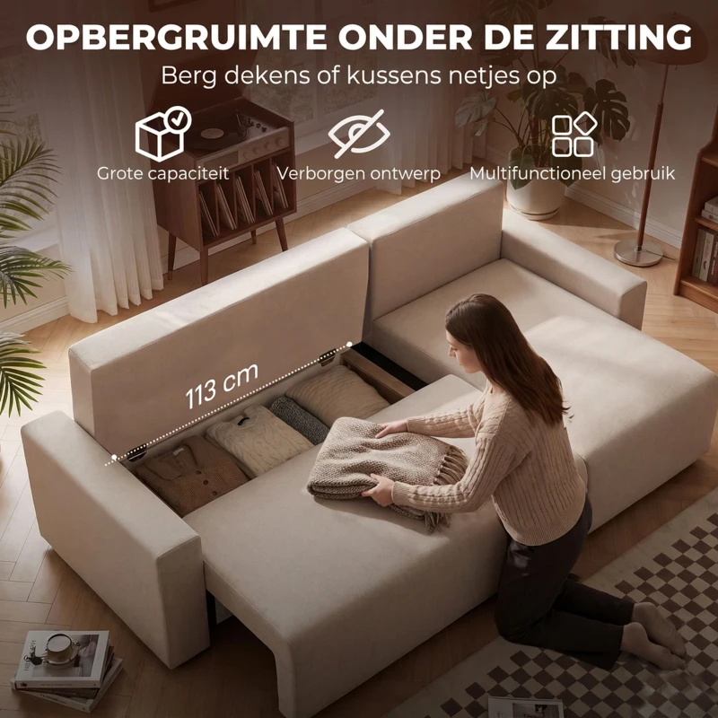 HOMCOM Hoekbank met Slaapfunctie en Omkeerbare Chaise Longue, L-vormige 3-zitsbank van Velours, Beige