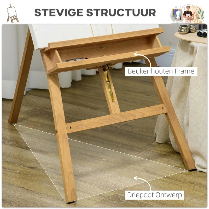Vinsetto Schildersezel, Houten Ezel, Hoogteverstelbaar, Opvouwbaar, Pennenbak, Beukenhout, 65 x 110 x 180-235 cm