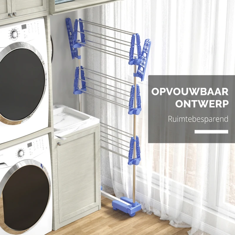 HOMCOM Opvouwbare Wasrek met 4 niveaus en One-Klick-systeem - 142 cm x 55 cm x 152 cm - Blauw + Zilver
