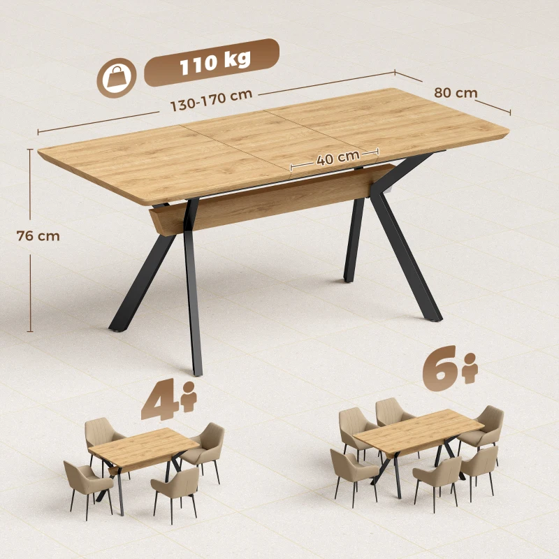 HOMCOM Mesa de Jantar Extensível 4-6 Pessoas, Mesa de Cozinha em Madeira 130-170x80x76 cm, Carvalho e Preto