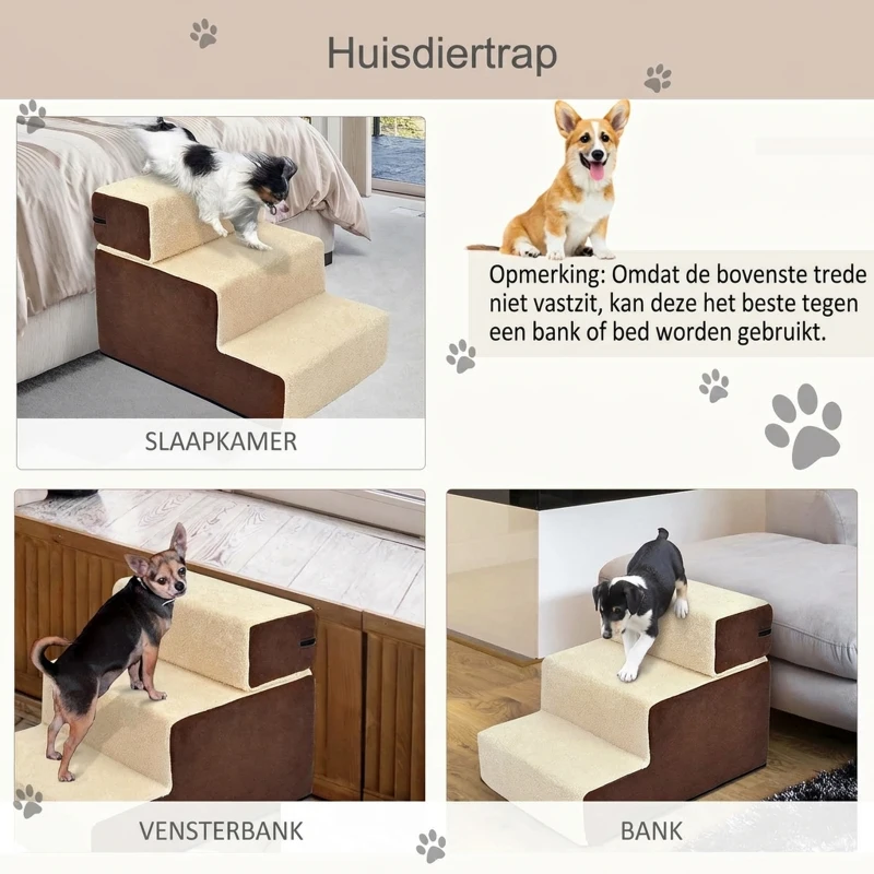 PawHut Hondentrap 3 treden kattentrap huisdierentrap huisdier pluche beige