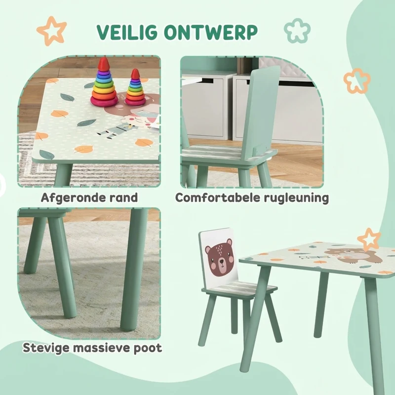 ZONEKIZ Zitgroep voor kinderen 3-8 jaar, 1 tafel & 2 stoelen, schattig dierenmotief, groen