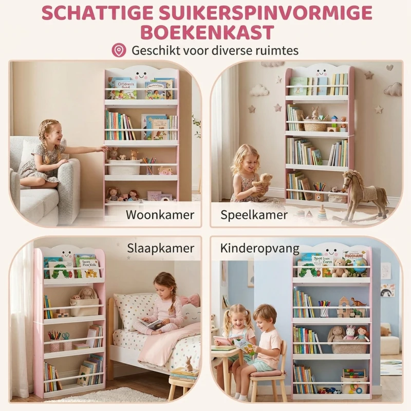 AIYAPLAY Kinderboekenrek met 4 planken, wandgemonteerd boekenrek voor kinderkamer, speelkamer, woonkamer, Roze