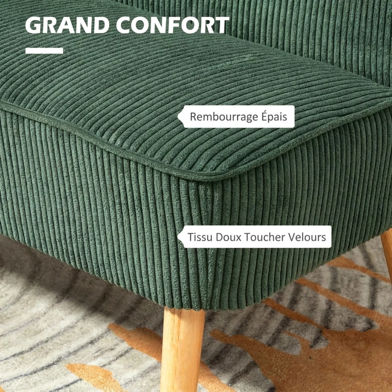 HOMCOM Canapé 2 places, canapé de salon en velours côtelé, assise rembourrée et pieds en bois d'hévéa, 117x56,5x77cm, vert(m-4)