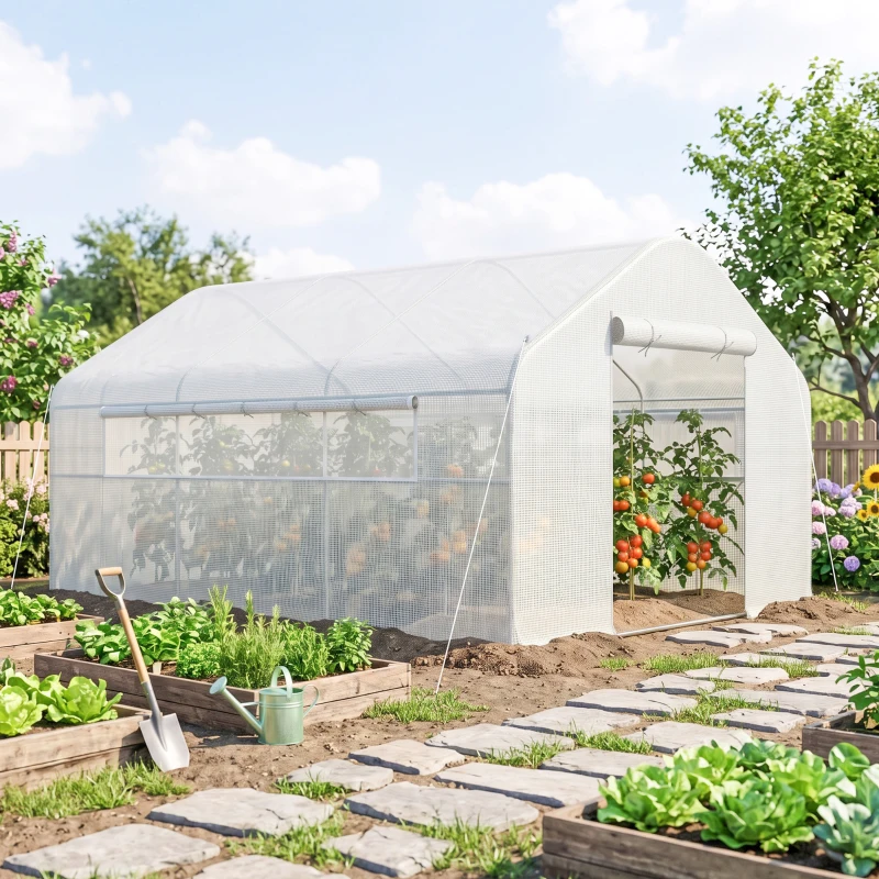 Outsunny Serre de jardin 4 x 3 x 2m avec portes enroulables et grandes fenêtres, serre tunnel de jardin, blanc(m-9)
