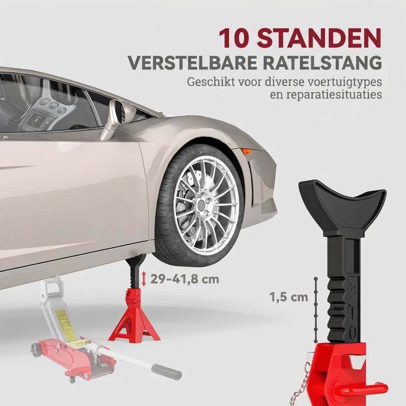 HOMCOM Steunblokken 3 ton belastbaarheid 2 stuks steunblokken incl. veiligheidsstift 10-traps hoogte-verstelbaar Rood