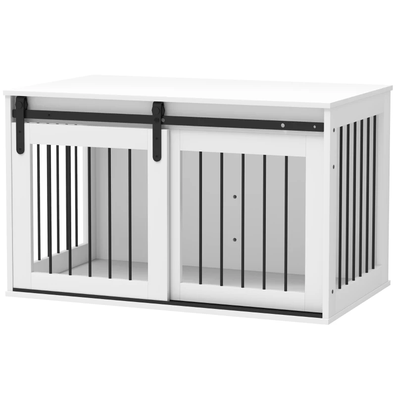 PawHut Hondenkooi met Schuifdeur, Ventilatie, Spaanplaat en Staal, 98 x 58 x 61 cm, Wit(m-10)