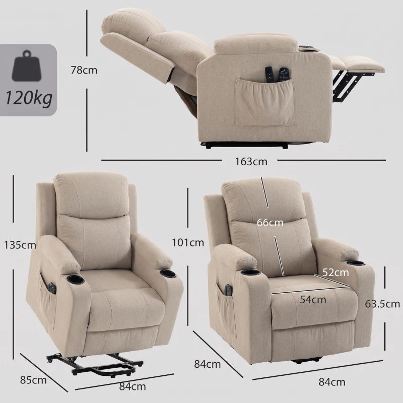 HOMCOM Fauteuil Électrique Releveur Inclinable, Chauffant, Massant, Lin, 2 Télécommandes, Crema