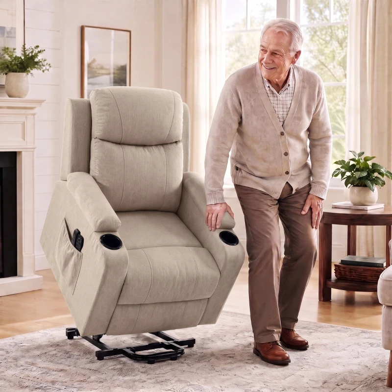 HOMCOM Sillón Eléctrico Elevador Reclinable, Calefactable, Masaje, Lino, 2 Mandos, Crema