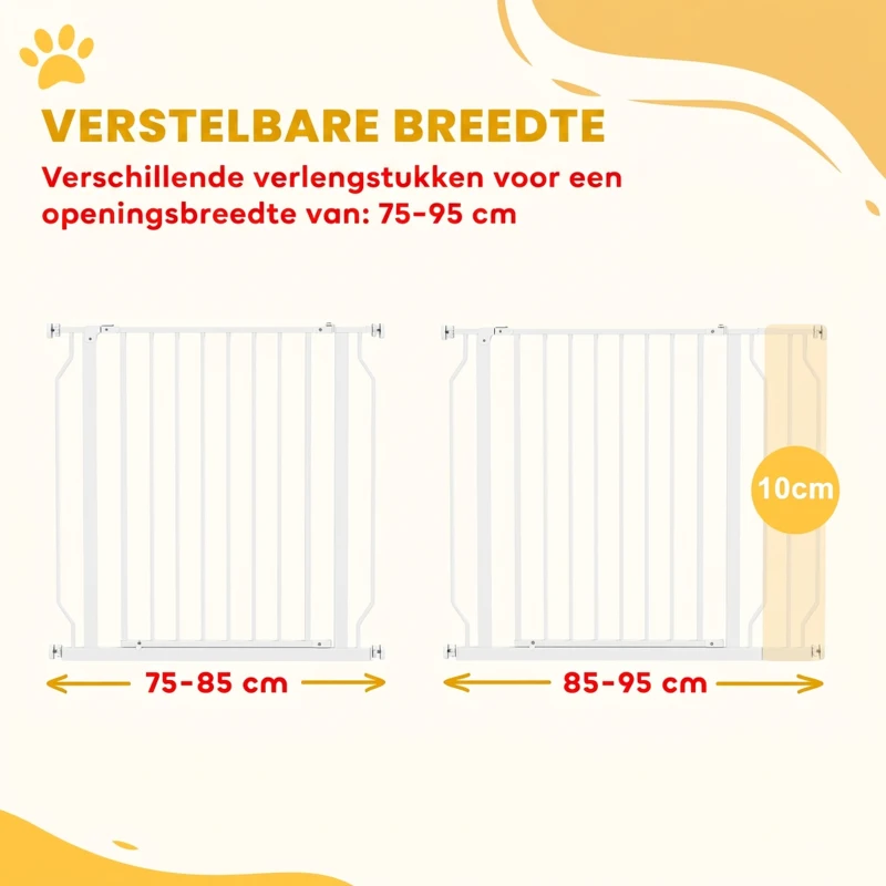PawHut Veiligheidshek voor honden, barrière, muurbevestiging met drukknopen, verstelbaar van 75 cm tot 95 cm, wit(m-4)