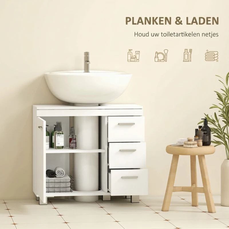 HOMCOM onderkast voor wastafel, 2 planken, 3 lades, MDF-constructie, wit