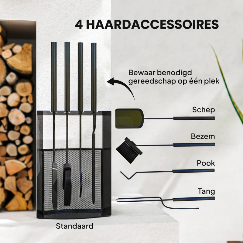 Outsunny 5-delige haardset met standaard – zwart metaal