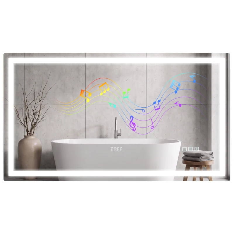 HOMCOM Oglindă baie LED Bluetooth 120 x 70 cm întrerupător tactil lumină reglabilă 3 culori anti-aburire memorie argintiu