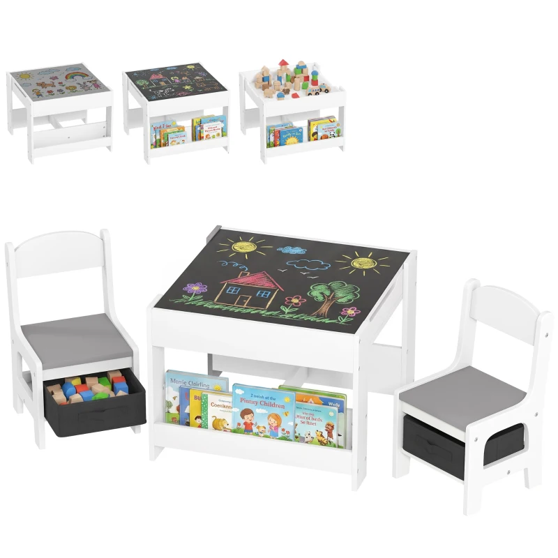 HOMCOM Ensemble 3 pièces table et 2 chaises pour enfant avec plateau réversible tableau noir, panier de rangement, étagères
