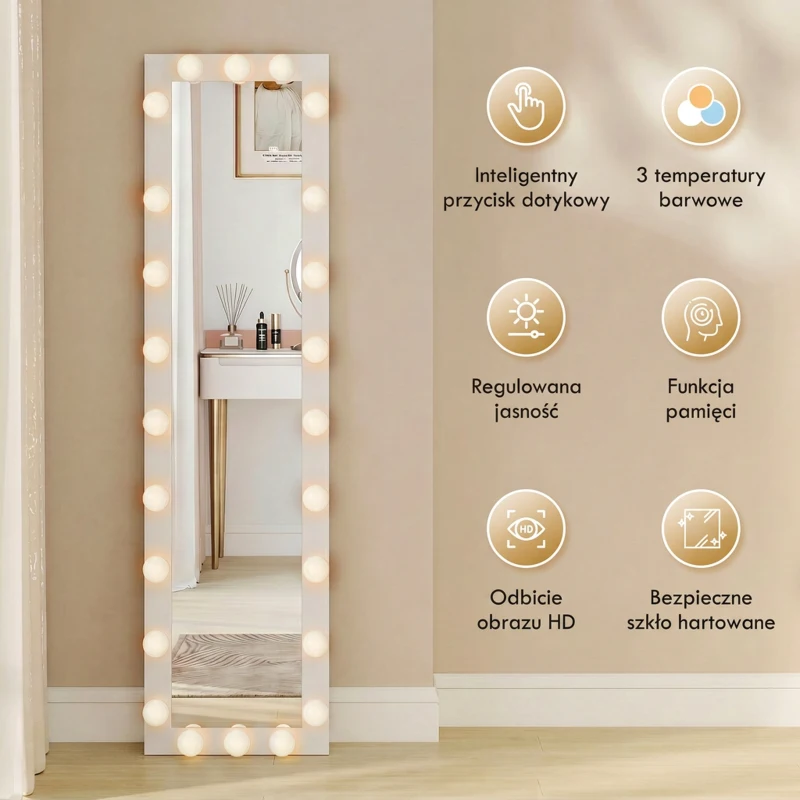 HOMCOM Pełnowymiarowe lustro 150x40 cm LED z 24 żarówkami, 3 kolory światła, stojące lub oparte, białe