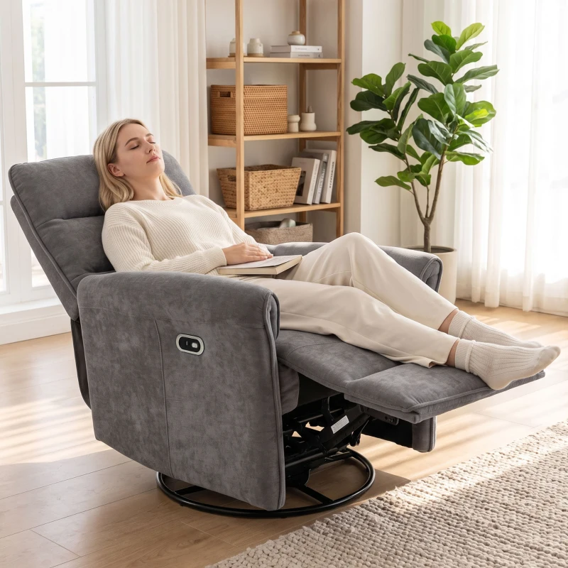 HOMCOM Poltrona Relax Elétrica Reclinável 155° com Apoia-pés, Estofada, Giratória 270°, Balanço, Chenille, Cinza