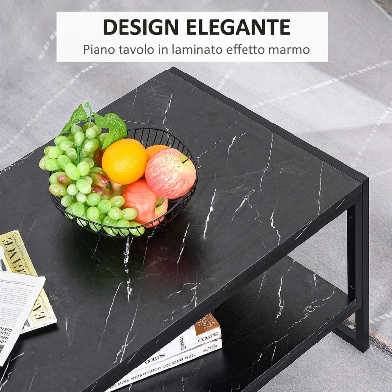 HOMCOM Tavolino da Caffè Nero, Tavolino Effetto Marmo con Ripiano Inferiore, da Soggiorno o Ufficio, Design Moderno, Telaio in Acciaio, 106x50x45cm, Nero