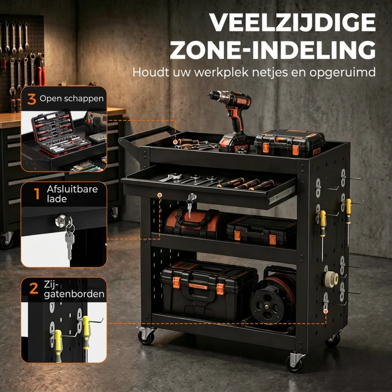 HOMCOM Gereedschapswagen met afsluitbare wielen, rollende werkplaatswagen met 3 niveaus, lade en perforatieplaten, Zwart
